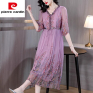 皮爾卡丹（pierre cardin）杭州真|絲連衣裙女2025新款高端氣質(zhì)桑蠶|絲裙貴夫人復(fù)古減齡碎花 花色 3XL 151-165斤