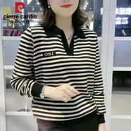皮爾卡丹2025春秋季新款條紋長(zhǎng)袖T恤女翻領(lǐng)上衣顯瘦減齡打底衫 黑色 4XL 145-155斤