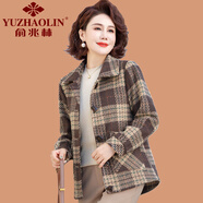 俞兆林（YUZHAOLIN）中老年女裝春裝格子毛呢外套短款媽媽春秋洋氣減齡翻領(lǐng)小西裝上衣 咖色 XL (參考90-105斤)