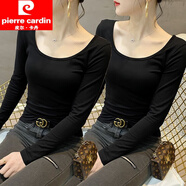 皮爾卡丹（pierre cardin）莫代爾打底衫女2024新款低領(lǐng)內(nèi)搭U領(lǐng)長袖t恤春秋韓版修身顯瘦上衣 黑色+黑色【兩件裝】 M 【95-110斤】