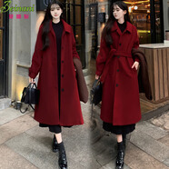 貝娜妮（Beinani）大碼女裝胖MM系帶毛呢外套女秋冬韓版寬松中長(cháng)款復古過(guò)膝呢子大衣 酒紅色 4XL 建議175-200斤