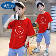 迪士尼純棉紅色短袖T恤男童兒童夏裝寬松帥氣中大童炸街男孩中國紅上衣 大紅色006【笑臉】 170 建議95-110斤