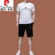 皮爾卡丹品牌休閑運動(dòng)套裝男士短袖t恤夏季冰絲男裝一套潮流圓領(lǐng)男兩件套 38106白色短袖短褲 兩件套 2XL 180