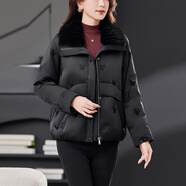 皮爾卡丹高端羽絨服女短款2025年冬季新款小個(gè)子刺繡品牌水貂毛領(lǐng)鵝絨外套 黑色 M