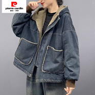 皮爾卡丹（pierre cardin）休閑棉服女2024冬季復古做舊連帽休閑外套女百搭加厚顆粒絨棉衣 1132牛仔棉服(袖子也) 加絨 M 95到120斤左右