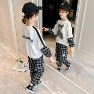 粉筆末端童裝女童運動(dòng)套裝青少年女孩大童學(xué)生休閑衛衣長(cháng)褲兩件套春季衣服 白色 160 (適合身高150-160cm)偏胖再拍大