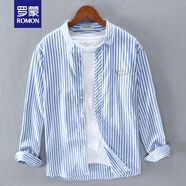 羅蒙（ROMON）小清新條紋長(zhǎng)袖襯衫男裝日系寬松休閑潮流文藝翻領(lǐng)春秋款襯衣外套 藍(lán)色 XL