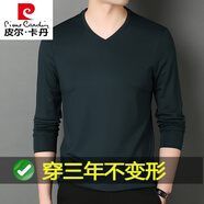 皮爾卡丹桑蠶絲T恤男長(zhǎng)袖圓領(lǐng)莫代爾體恤春秋季潮流男裝純色內(nèi)搭打底衫 9200 墨綠 180 建議150-160斤