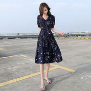 索宛亦（SUOWANYI）2021夏季新款雪紡碎花仙女連衣裙夏款收腰顯瘦小仙女中長(zhǎng)款裙子 深藍(lán)色【時(shí)尚連衣裙】 版 2XL 125--135斤斤