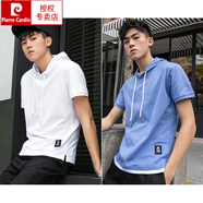皮爾卡丹（pierre cardin）夏季百搭連帽短袖t恤男潮流帶帽運(yùn)動(dòng)嘻哈上衣帽衫衛(wèi)衣潮 白色+天空藍(lán) XXL/180 【135-150斤】
