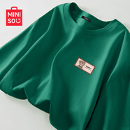 名創(chuàng  )優(yōu)品（MINISO）短袖2025新款女夏季胖mm大碼顯瘦寬松女裝純棉半袖夏天正肩女t恤 墨綠色(嗨皮熊仔胸標) XL (體重130-150斤)