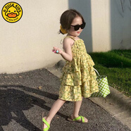 G.duck小黃鴨2025女童夏季新款雪紡連衣裙兒童碎花吊帶裙涼快小清新裙子 黃綠色 碎花吊帶群 100 建議身高95cm左右
