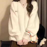 WVZW奶fufu白色v領(lǐng)水貂絨毛衣女秋冬軟糯寬松慵懶馬海毛針織衫上衣潮 米白色 M  建議90-105斤