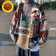 凱丁森毛衣男美式復古ins甜美寬松慵懶風小熊男生毛衣國潮日系秋冬外穿 魔王-A45-1藍色【高領加絨】 2XL【140-160斤】