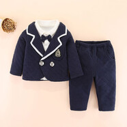 邦詩(shī)婕黎小男童西裝套裝男寶寶百天周歲禮服嬰兒紳士攝影西服春秋冬三件套 藍(外套褲夾薄棉.襯衫單層棉) 80 碼(建議80-90厘米)