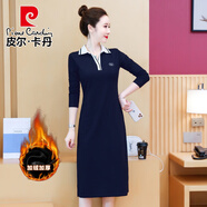 皮爾卡丹過(guò)膝polo連衣裙女夏季寬松遮肚顯瘦翻領(lǐng)氣質(zhì)休閑運動(dòng)長(cháng)款T恤裙子 藏藍色長(cháng)·袖加·絨 XL 建議125-135斤