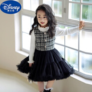 迪士尼（Disney）女童背心裙秋冬洋氣毛呢拼接tutu蓬蓬網(wǎng)紗套裝裙寶寶小香風(fēng)公主裙 黑色+毛衣 90cm