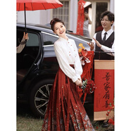 智立冠馬面裙連衣裙女裝新中式漢服2023新款改良旗袍新娘敬酒服訂婚禮服 紅色馬面裙 M