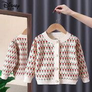迪士尼（Disney）女童針織衫開衫兒童洋氣毛衣外套寶寶線衣小童裝上衣2024秋裝 米色【KF30四色橫條小花】 110cm