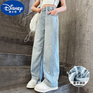 迪士尼（Disney）女童秋季薄款軟牛仔褲子女2025新款高腰窄版兒童闊腿褲女大童直筒 藍(lán)色愛心(夏季薄款)  160 (適合150-160cm，11-12歲)