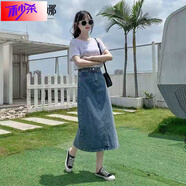 花嵐娜 牛仔半身裙女中長(cháng)款2025夏新款高腰a字小個(gè)子學(xué)生開(kāi)叉包臀長(cháng)裙子 淺藍色【高品質(zhì)腰部可調節】 6670 M