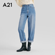 A21女裝牛仔褲2023秋冬新款復古休閑寬松顯瘦高腰直筒闊腿長(cháng)褲女 淺中藍 27
