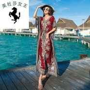 溥畔適合去新疆西藏云南旅游的衣服民族風(fēng)泰國沙灘裙女夏海邊度假長(cháng)裙 紅色 L