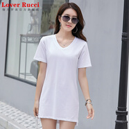 LOVER RUCCI長(cháng)版打底衫女中長(cháng)款修身遮屁股V領(lǐng)短袖t恤開(kāi)叉上衣蓋過(guò)臀半袖體恤 白色 XL