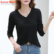 LOVER RUCCI法國2025春秋新款V領(lǐng)長(cháng)袖t恤女寬松百搭雞心領(lǐng)內搭顯瘦上衣打底衫 黑色 XL