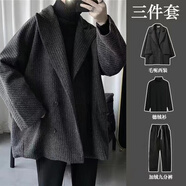 安初夏毛呢夾克外套男士休閑套裝秋冬季保暖時尚穿搭配潮流衣服男裝 毛呢黑外套+德絨衫+加絨褲 XL【建議120-140斤】