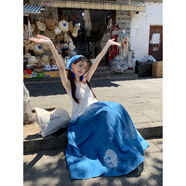 YIOU女裝裙子復古扎染法式度假風(fēng)飄逸抽褶吊帶連衣裙大理云南旅游3085 藍色連衣裙 S