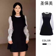 圣保美韓系假兩件連衣裙秋冬季2025新款小個(gè)子學(xué)院風(fēng)長(cháng)袖襯衫短裙子顯瘦 假兩件襯衫裙 L 碼