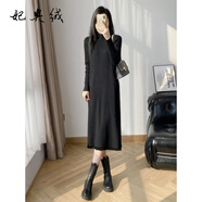 妃奧絨秋冬半高領(lǐng)中長款寬松流蘇毛衣裙女配大衣過膝內(nèi)搭打底針織連衣裙 黑色 XL