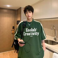 OEMG 美式復(fù)古短袖t恤男夏季新款潮流牌青少年五分袖上衣服寬松休閑衫 綠色 XL [建議125-140斤]