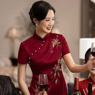 艾妃琳《枝上春雪》喜婆婆婚宴裝高貴重工旗袍中年媽媽婚禮連衣裙 酒紅色 L 100-110斤
