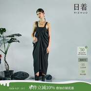 日著(zhù)設計師原創(chuàng  )女裝2024夏季新款寬松輕薄拼接冰麻吊帶長(cháng)連衣裙子 影黑 L
