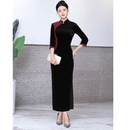 鴻韻繡旗袍中國風(fēng)秋季新款韓國絨改良旗袍禮服復古媽媽喜婆婆敬酒服長(cháng)款 【黑色】韓國絨拼花邊蕾絲長(cháng)款 3XL