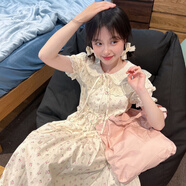 BMOI學院風法式初戀碎花連衣裙女學生夏季寬松中長款娃娃領短袖A字裙 杏色 S