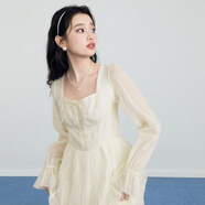 樂(lè )町甜美中長(cháng)網(wǎng)紗連衣裙春季新款方領(lǐng)泡泡袖長(cháng)袖裙子 米白色1（現貨） XS 150