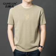 古赫倫夏季新品男士短袖時(shí)尚青年休閑繡花圓領(lǐng)純棉短袖運(yùn)動(dòng)衫薄款打底衫 杏色 M