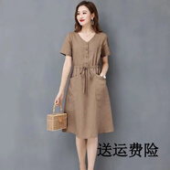 百草布棉麻連衣裙女夏2025新款中老年媽媽收腰減齡大碼遮肚中長(cháng)亞麻裙子 卡其色 關(guān)注店鋪優(yōu)先發(fā)貨 M 90-102