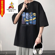 稻草人（MEXICAN）加肥加大300斤純棉短袖T恤男士潮牌大碼寬松胖子半袖港風(fēng)五l分袖 黑色 （星空畫(huà)） 單件裝 5XL 建議195225斤可穿