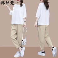 韓絲梵短袖t恤女2025年夏季新款韓版ins寬松bf原宿風百搭寬松減齡半袖女 5036白色上衣+5037褲子 L 【建議110斤以下】