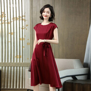 沐漓云連衣裙女夏季新款短袖純色氣質(zhì)修身系帶中長(cháng)款裙子 酒紅連衣裙 L 105-115斤