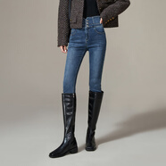 逸陽(yáng)高腰三?？奂咏q鉛筆牛仔褲女冬季新款修身顯瘦小腳褲子 牛仔藍 27