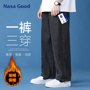 NASA GOOD加絨牛仔褲秋冬季男舒適寬松直筒男褲港風(fēng)休閑長褲子男 黑色3XL