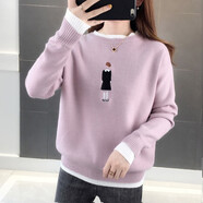 純邇加絨加厚慵懶風(fēng)針織衫女秋冬韓版毛衣女刺繡套頭假兩件打底上衣女 粉紫色 S