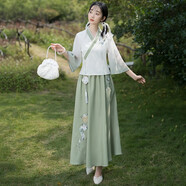 景華年春夏改良漢服新中式女裝國風復古刺繡斜襟上衣裙子班級茶藝服套裝 綠色上衣+綠色裙子 M (建議90-105斤)