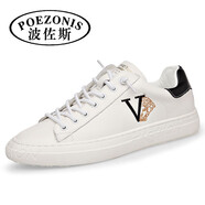 波佐斯（POEZONIS）潮鞋夏季潮流百搭休閑鞋真皮小白鞋韓版板鞋新款英倫風(fēng)男鞋子 白黑色 41