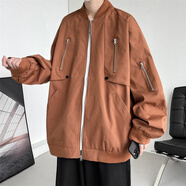 主意范胖子大碼拼色棒球服男飛行員夾克外套秋季寬松潮牌毛呢棒球服衣服 A141- JK8106咖啡色 L 100-120斤